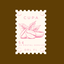 Cargar imagen en el visor de la galería, This is a graphic of a sticker, with the CUPA brand name, coffee beans, in the shape of a postal stamp, with mock pricing of US Postal Services
