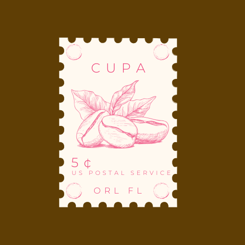 This is a graphic of a sticker, with the CUPA brand name, coffee beans, in the shape of a postal stamp, with mock pricing of US Postal Services