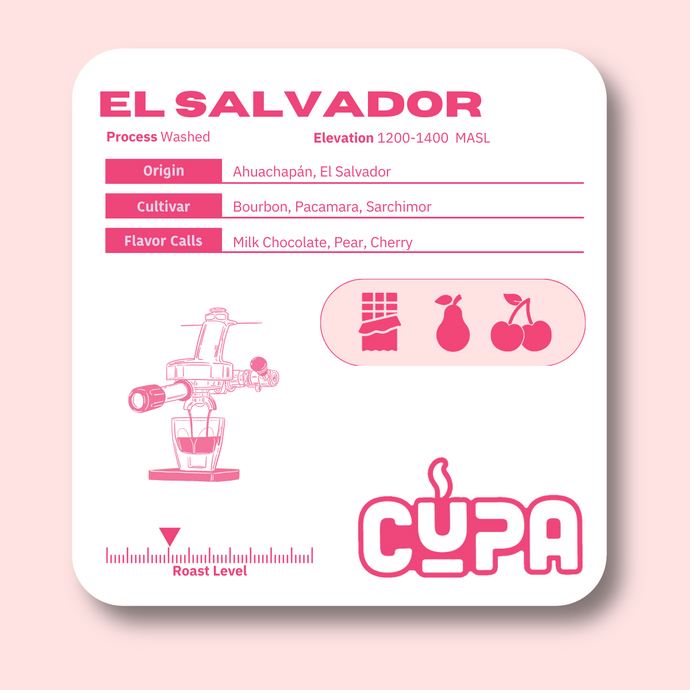 Product Label for the El Salvador Coffee, Including origin, cultivar, flavor calls, and roast level