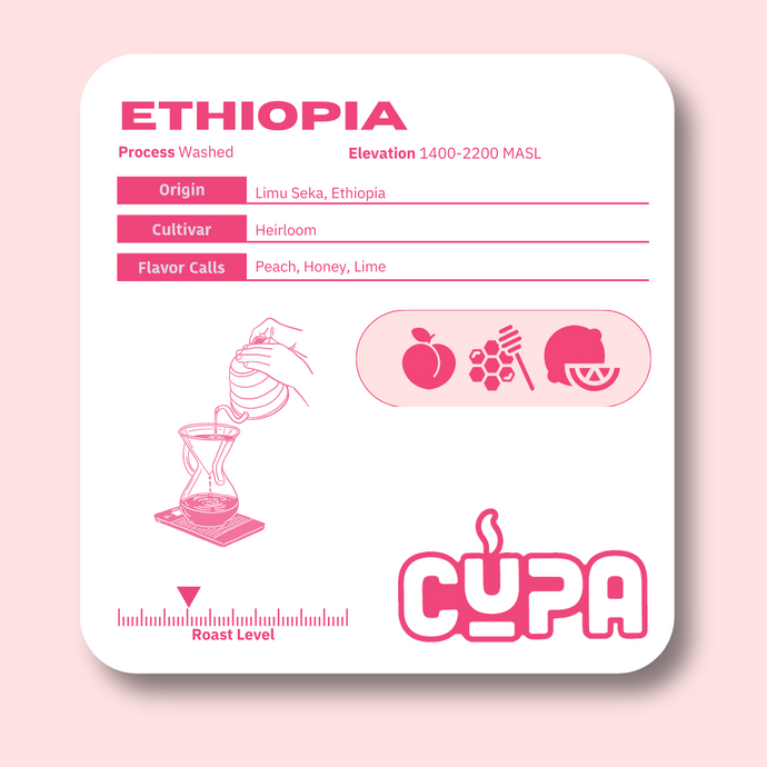 Product Label for the Ethiopia Coffee, Including origin, cultivar, flavor calls, and roast level