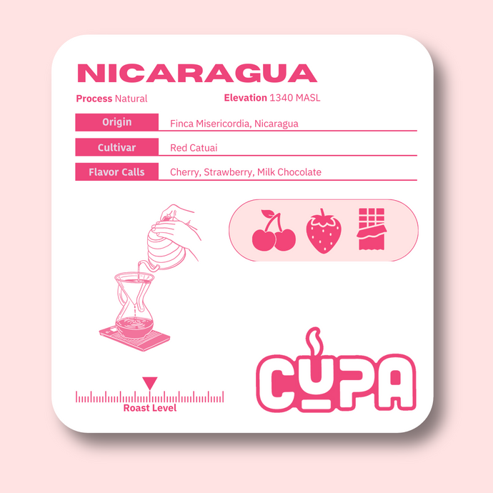 Product Label for the Nicaragua Natural Coffee, Including origin, cultivar, flavor calls, and roast level