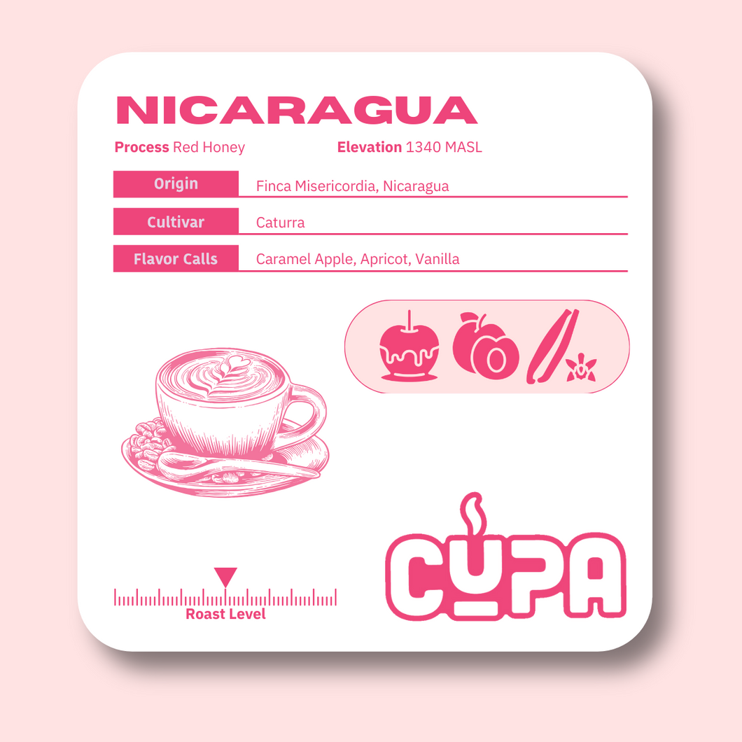 Product Label for the Nicaragua Re Honey Coffee, Including origin, cultivar, flavor calls, and roast level