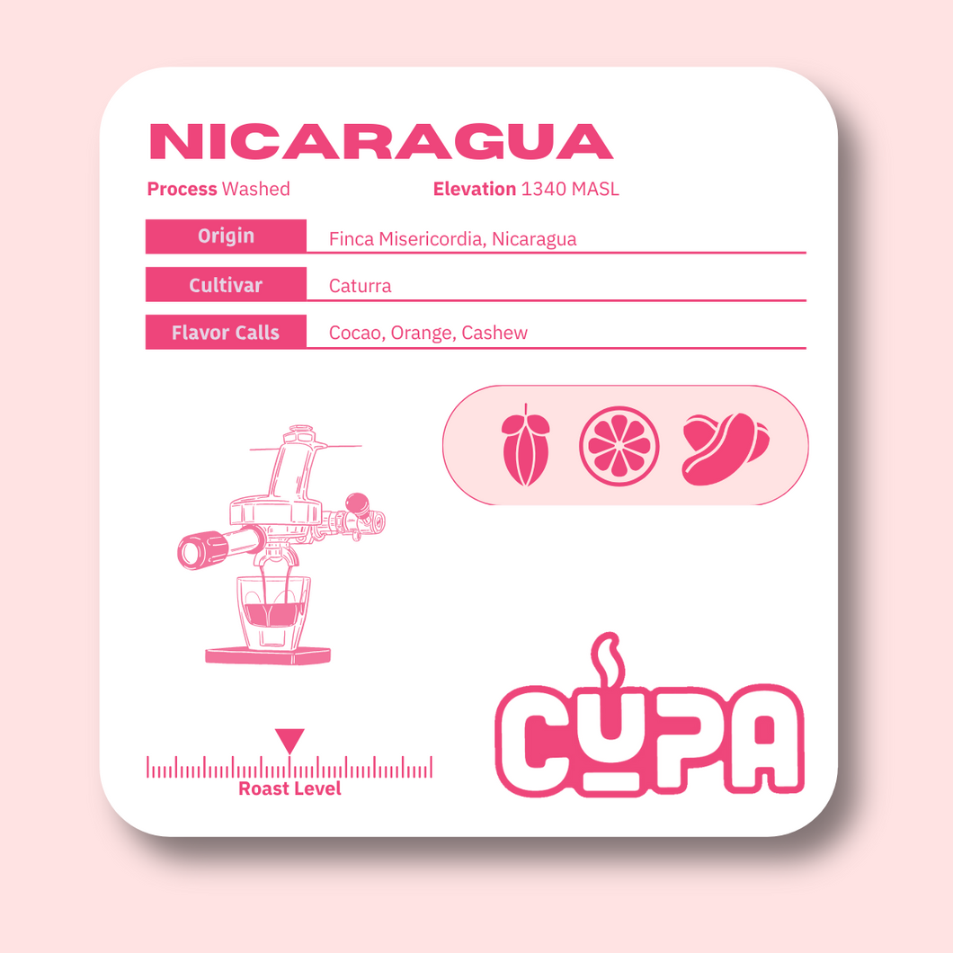 Product Label for the Nicaragua Washed Coffee, Including origin, cultivar, flavor calls, and roast level