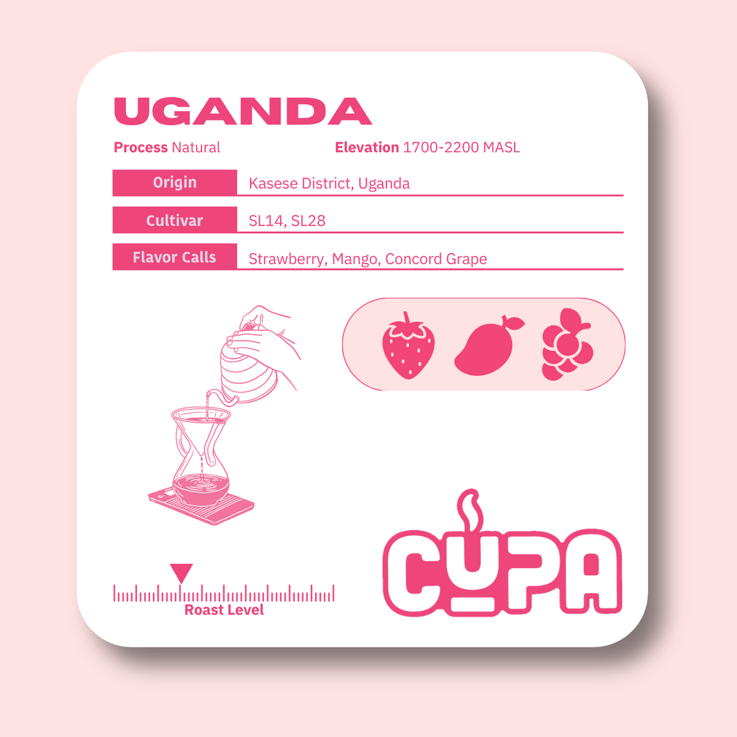 Product Label for the Uganda Coffee, Including origin, cultivar, flavor calls, and roast level